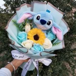 Hot Lilo Stitch Plush Doll Toys With Sunflower Rose Flower Bouquet Anime Stuffed Animals Home Decoration Valentine Christmas Gif