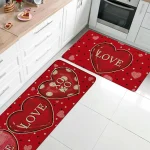 VIKAMA 2PCS Valentines Day Kitchen Mats for Floor Red Love Heart Non-Slip Washable Rugs Set for Holiday Home Decor Door Mat