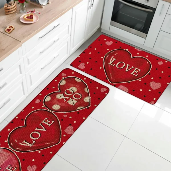 VIKAMA 2PCS Valentines Day Kitchen Mats for Floor Red Love Heart Non-Slip Washable Rugs Set for Holiday Home Decor Door Mat