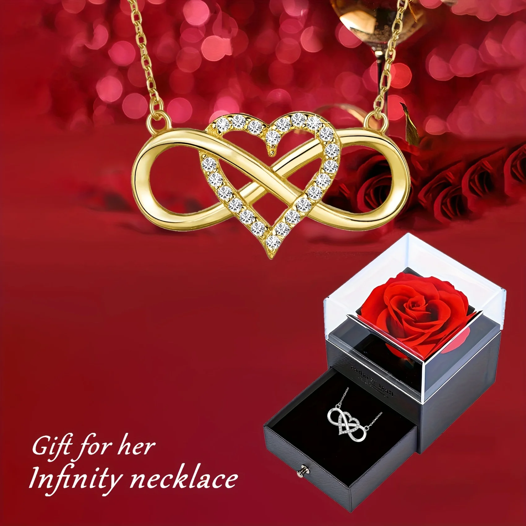kf-S88c550dc95af499e893a431572b00377X Elegant Infinity Heart Shape Pendant Necklace With Luxury Rose Gift Box For Girlfriend Wife Christmas Valentine Anniversary Gift - Imagine 1