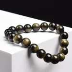 Natural Golden Obsidian Stone Beads Bracelet Men Women Golden Light Rainbow Obsidian Raw Stone Round Bead Natural Energy Jewelry - Imagine 2